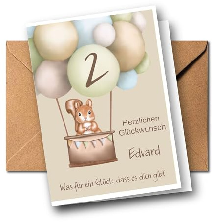 Personalisierte Kinder Glückwunschkarte zum 1. 2. 3. 4. 5. 6. 7. usw. Geburtstag, Karte Kindergeburtstag mit Name und Alter, Geburtstagskarte personalisierbar mit Tiermotiv (Eichhörnchen)