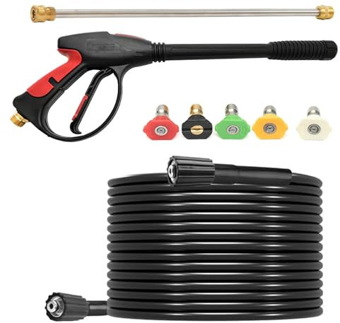 Willbebest 26FT Power Pressure Washer Hose and Gun and Extension Wand Kit for Gas & Electric Pressure Washers, 40 Inch Adjustable Length Washer Gun, M22 Fitting Hose, 5 Nozzle Tips