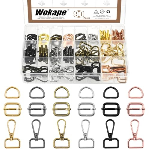 Wokape 90PCS 3/4 Zoll (20mm) 6 Farben Metall Ring Schnalle Kit, Rechteck Swivel Hook & D Ring Semi-Circular & Triglides Slides Buckle Roller Pin Schnallen für Keychain Lanyard Gürtel Hardware Bags