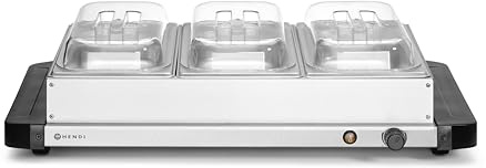HENDI Buffetwärmer, mit 3x GN1/3 Behälter, transparenten Deckeln, Temperaturbereich: 40° bis 75°C, Speisenwärmer, Warmhalteplatte, Heizplatte, 230V/400W, 657x381x(H)161mm, Edelstahl, Polypropylen