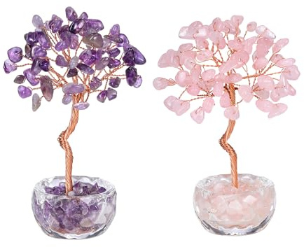 CrystalTears 2 Stück Mini Kristallbäume 7 Chakra Lebensbaum mit Glas Basis Edelsteine Heilsteine Geldbaum Feng Shui Deko Tischdeko (Amethyst+Rosenquarz)