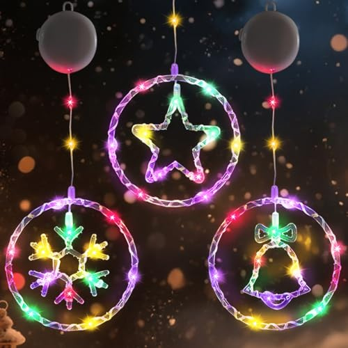 Weihnachtsdeko Fenster Lichterkette mit Timer, 3 Stück Weihnachtsbeleuchtung Fenster Lichterkette Batterie, Weihnachtten Fensterdeko mit Saugnäpfe Für Weihnachten, Balkon, Party, Innen Deko (Bunt)