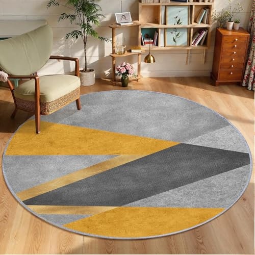 Tapis Design Runder Geometrischer Teppich 80 cm, Maschinenwaschbar, Rutschfester Teppich, Niedriger Flor, Fusselfrei, für Schlafzimmer, Kinderzimmer, Lounge, Grau & Senfgelb
