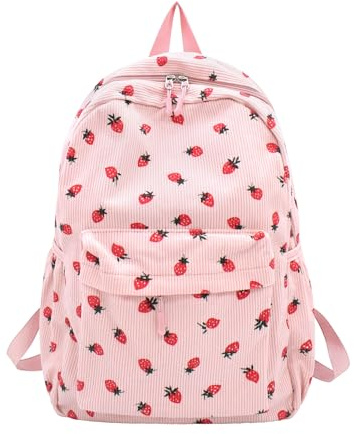 TeeYee Damen Cord Rucksack Backpack Schule Erdbeeren Lässig Daypack rosa | Casual Tagesrucksack,Leichter Kinderrucksack,Tasche für Arbeit,Schule