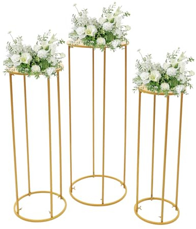 Jolre Lot de 3 supports de fleurs en métal - Vase cylindrique doré - Support de fleurs de mariage - Vase sur pied - Convient pour fiançailles, anniversaire, fête, usage domestique