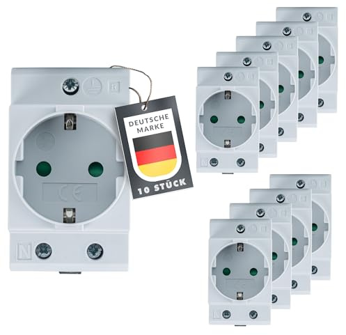 Schuko Steckdose [GS16] für Hutschiene 16A 230V 2P+E – 10er Pack Grau – Einbausteckdose für Verteilereinbau, Schaltschrank & Zählerschrank – Schutzkontaktsteckdose für 35 mm DIN-Trägerschienenmontage