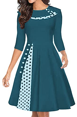 Abendkleid Damen Lang 50er 60er Jahre Kleid Vintage Hepburn Audrey Swing Kleider Rockabilly Elegant Vintage Sommer Polka Dot Swing A Linie Knielang Coctailkleid mit Stirnband