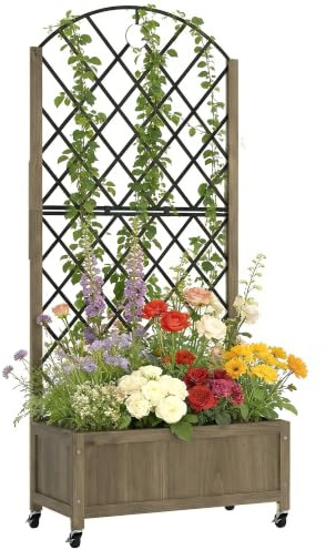 Outsunny Jardinière avec Treillis en Acier 72 x 36 x 168 cm Carbonisée | Bac à Fleurs sur Roues, Lit Surélevé en Bois, Plantes Grimpantes, Légumes, Intérieur et Extérieur, Grande Taille