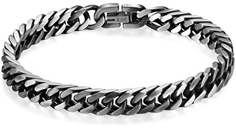 Flongo Pulsera para Hombre, Pulsera de Hombre Cadena, Pulsera Hip Hop de Acero Inoxidable, Pulsera esclava Brazalete Punk Rock Biker, Plateado, Regalos de San Valentín y Navidad