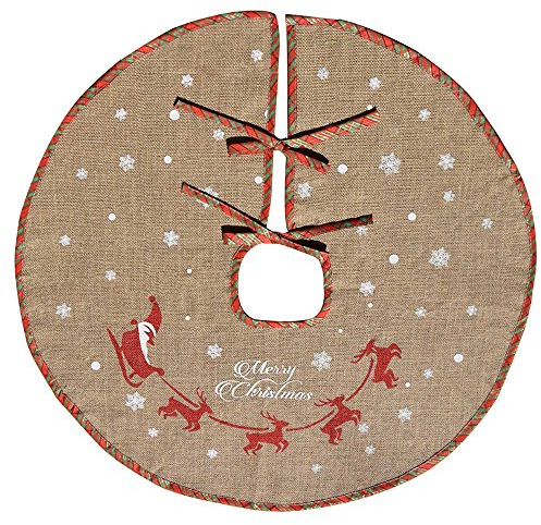 Tapis cache-pied de sapin de Noël Amajoy en toile de jute avec flocons de neige blancs - Décoration de fête, motif écossais rouge et vert, 30