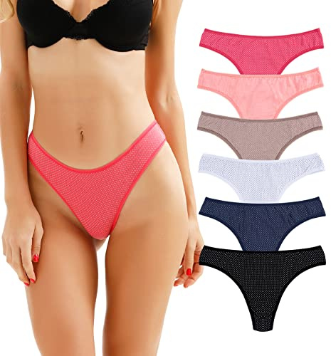 KNITLORD 6er Pack Damen Strings, Unterwäsche aus Baumwolle, Atmungsaktive Unterhosen, Frauen Weich Thong Mehrpack - Basisfarben M