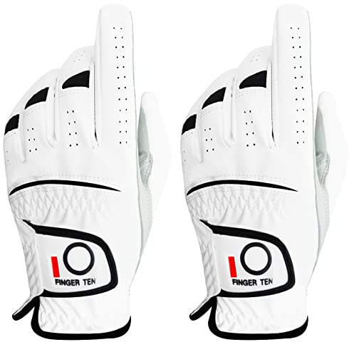 FINGER TEN Golfhandschuhe Herren Links Rechts Hand 2 Stück Golfhandschuh Wettersof Leder Griffig Weich Passform Handschuh für Golfer Männer (Links, L)