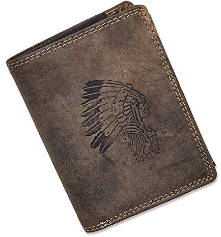 Herren Geldbörse Portmonee Portemonnaie Geldbeutel echtes Leder Indianer Motiv Brown Braun