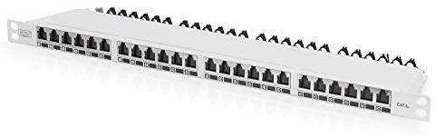 DIGITUS Panel de conexiones (19 pulgadas, cat. 6A, 24 puertos RJ45, apantallado, panel de conexiones LSA, montaje en rack, 0,5 HE), color gris