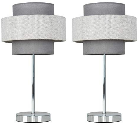 MiniSun | Modern Polished Chrome Touch Table Lamps with a Grey Herringbone Shade | Table Lamps, Home Décor & Improvement Essential | Set of 2 | Includes 5W LED Bulbs [3000K Warm White]