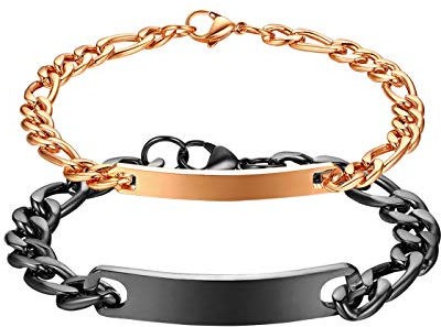 JewelryWe Schmuck 2pcs Pärchen Armband mit Gravur, Edelstahl Poliert Figarokette Partnerarmband Freundschaftsarmband Paar Armkette Armreif für Herren Damen, Schwarz Rosegold