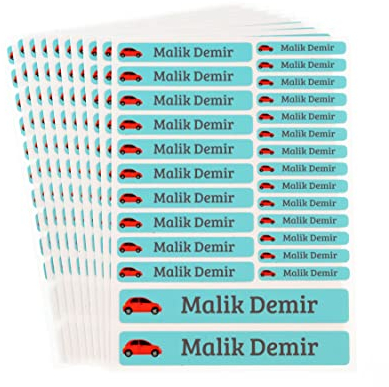 260 Stück personalisierte Namensaufkleber Set-Bögen Mini/Mittel/Groß - Spülmaschine geeignet/Wasserfest/Kratzfest für Innen und Außen (Blau, Set 260 Stück, Malik Demir-Auto)