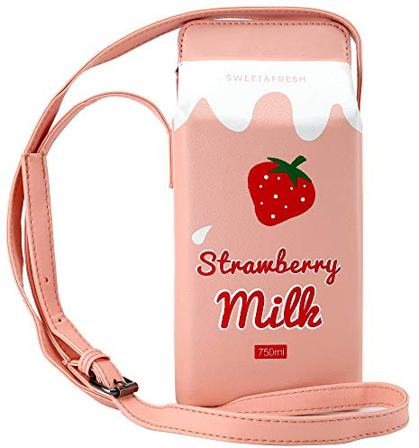 Ondeam Süße Erdbeer-Milchbox, Umhängetasche, PU, Handy-Schultertasche für Damen und Mädchen, Caom, Medium