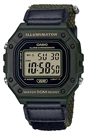 Casio W218HB Series | Men’s Digital Watch | Black/Green | 50M WR | 1/100 Second Stopwatch | LED Backlight | 100 SEC Chronograph | Daily Alarm | Hourly Time Signal | 7 Year Battery