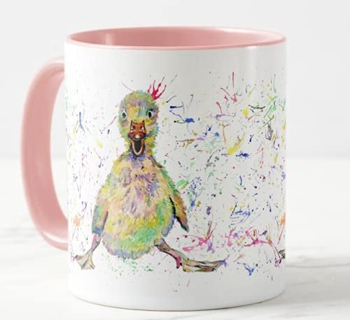 Vixar Ducklink Duck Baby Farm Animal Watercolour Rainbow Art Coloured Mug Cup, Gift, Birthday, Work, Office, Christmas Tea Coffee (Pink)