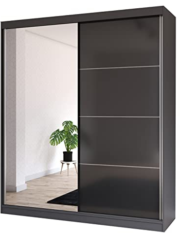 Fabryka Mebli Idźczak Kleiderschrank mit Spiegel, Schiebetüren - Schwebetürenschrank, Schlafzimmerschrank - 61 x 203 x 218 cm - Schrank für Schlafzimmer, Ankleidezimmer, Garderobe - Grau/Schwarz