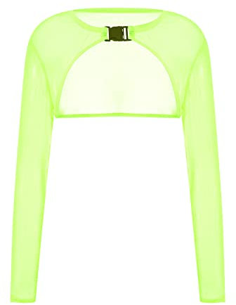 FeMereina Rave Tops for Women Sheer Mesh Long Sleeve Crop Top See Through Cover Ups with Buckle (A-Green, S)