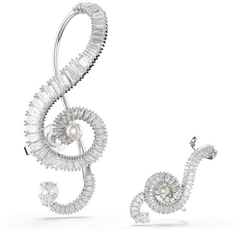 Swarovski Ariana Grande x Swarovski Ohrclips, Asymmetrisches Design, Kristallperle, Baguette-Schliff, Weiß, Rhodiniert