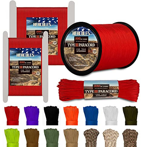 HERCULES 550 Paracord 4mm Type III 7 Strands Parachute Cord, 100' Imperial Red Utility Rope for Crafting, DIY, Camping, Survival, Outdoor