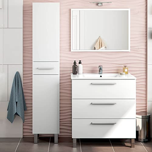 Miroytengo Pack de Muebles de Baño en Blanco Brillo (Mueble baño + Espejo + Lavabo cerámico + Columna Auxiliar)