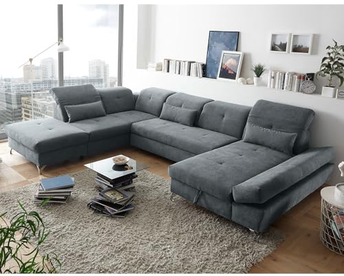 Wohnlandschaft mit verstellbaren Kopfstützen und Schlaffunktion in Mikrovelours anthrazit | Sofa in U-Form mit Bettkasten Links