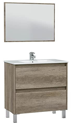 HOMN LIVING Mueble de Baño Devin con 2 Cajones, Espejo y Lavabo PMMA, Acabado en Nordik, 80 cm (Ancho) x 45 cm (Fondo) x 80 cm (Alto)