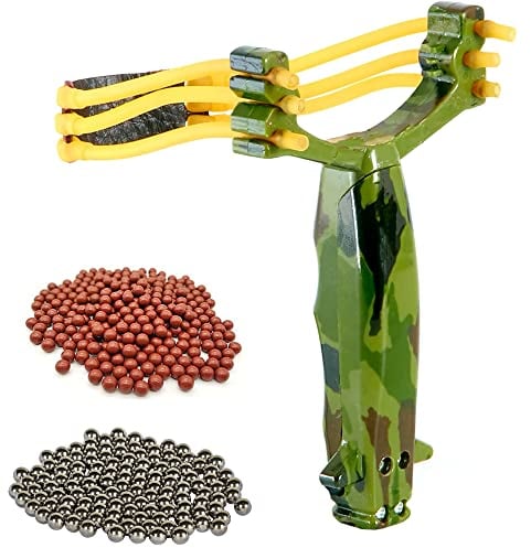 ZENO Slingshot Set with 200 Ammo Balls | Premium Hunting Slingshot for Sports and Outdoors | Catapult Bundle with Slingshot Ammo | Includes 100 Mud & 100 Metal Balls | Army Print Design
