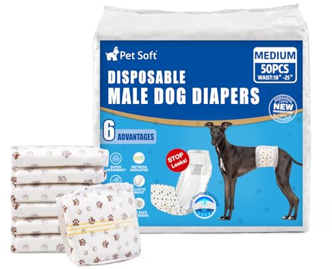 Pet Soft Dog Nappies Male- 50 Counts Disposable Male Dog Wraps, Super Absorbent Puppy Dog Diapers Incontinence Nappy Wraps with Wetness Indicator (M-50 Count)