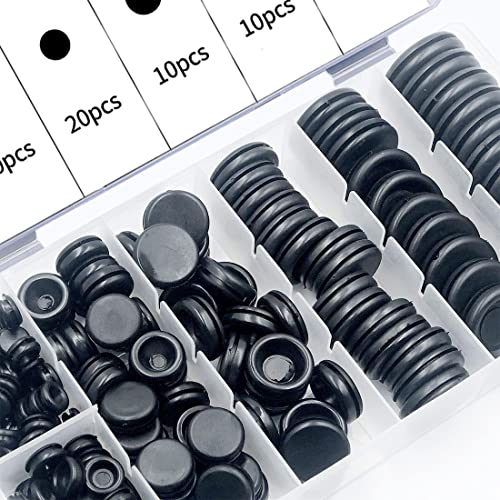 KOOKZ Gummi Kabeldurchführung Gummitülle Set, 170pcs 7 Größen Schwarz Gummitülle Dichtungsringe, Blindstopfen Gummi Unterlegscheiben Verschlussstopfen/Gummistopfen für Kabel Stecker, Maschine
