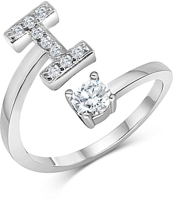 Zelaro Silber Ring mit Buchstabe | Zirkonia Ring mit Initialen | Pärchen Ringe für Mädchen Geschenk für Freundin | Frauen Ring als Schmuck Ringe zum Jahrestag | Verstellbare Ringe in Silber (I)