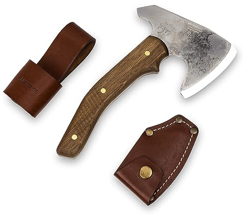 BPS Knives Ascia Bushcraft con Custodia in Pelle - Ascia da Campeggio a Piena Tang per Tagliare la Legna e per Giardinaggio - Accetta in Acciaio al Carbonio - Piccola Axe per Intaglio del Legno