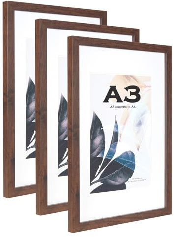 Nussbaum-Holz-Bilderrahmen A3 mit Passepartout, 3er-Set, Halterung für A4-Bild oder Zertifikat, Wandmontage…