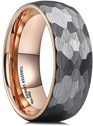 King Will 8mm Hammered Tungsten Rings for Men Women Domed Silver/Rose Gold Brushed Engagement Mens Wedding Band 10.5