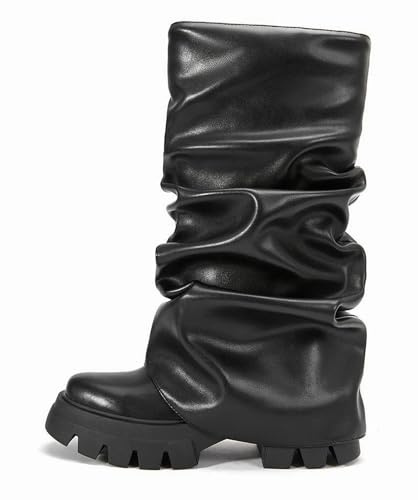 LISHAN Platform Heel Fold Over Boots for Women Mid Calf Pull on Ruched Boots for Dress Wide Calf Chunky Block High Heel Cyber Punk Rounded Toe Y2K Tacones Zapatos Bootie Black Size 9