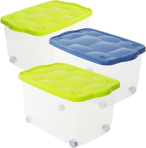 MAURY'S Set di 3 Contenitori Multiuso Con Ruote e Coperchio Trasparente 55 Lt. 60Lx40Px36H Organizer Scarpe Vestiti Giocattoli e Utensili Colori Assortiti (Set 3 con Ruote (60x40x36 cm))