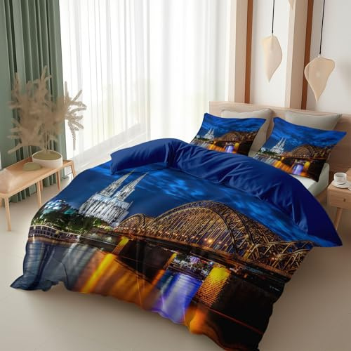 Srigzcaly Bettwäsche Set 155x220 cm 3-teilig mit 2 Kissenbezüge 80x80 cm, Blick auf den Kölner Dom, Bettbezug aus Mikrofaser mit Reißverschluss, Weich Kuschelig, Pflegeleicht