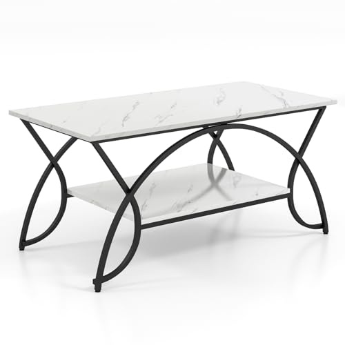 COSTWAY 2-Tier Coffee Table, Marble Effect/Vintage Cocktail Center Table with Storage Shelf, Metal Frame Wooden Accent Sofa Side Tea Table for Living Room, Bedroom and Office (Marble White+Black)