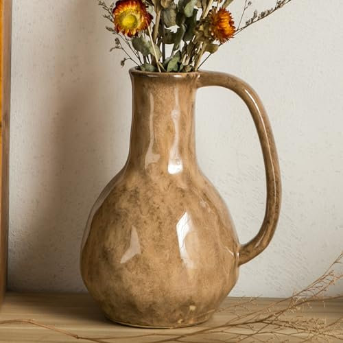 Tanvecle Brown Ceramic Vase with Big Handles, Modern Farmhouse Decor, Rustic Pottery for Flowers, Decorative Terracotta Centerpiece for Dining Table