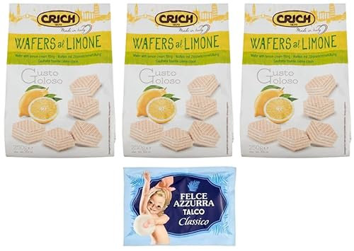 3x Crich Wafer con Crema al Limone, Waffle Wafers, Snack Dolci Busta da 250g + 1 Confezione di Talco Felce Azzurra in omaggio, Busta da 100g