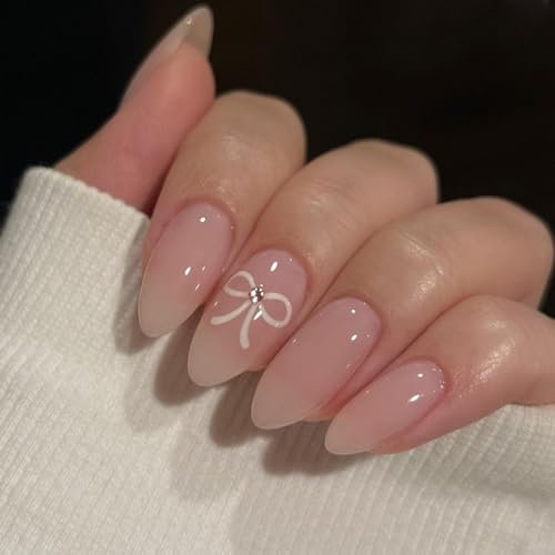 Angwis 24pcs Short Almond False Nails Nude Pink Stick on Nails White Bow Rhinestone Press on Nail Removable Glue-on Full Cover Fake Nail Women Brides Valentines Day Accessories