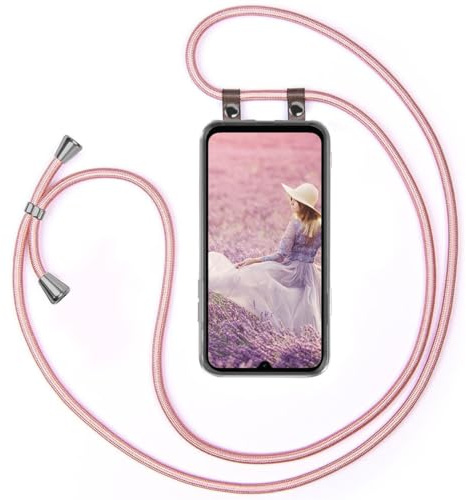 moex Handykette für Samsung Galaxy A05s Hülle mit Band abnehmbar, Handyhülle mit Kette zum Umhängen, Handyband 155 cm lang Stoff Kordel Umhängehülle, Handy Umhängeband, Rosegold