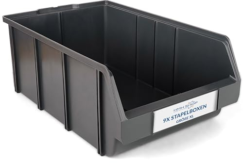 Stapelboxen der Größe XL 489x304x185mm für dein Kleinteilelager, Sortierkisten in 5 Farben, Zubehör wie Deckel Trennsteg Beschriftungsfach Etikett Wandschiene Sichtkästen (Grau-Anthrazit, 9 Stück)