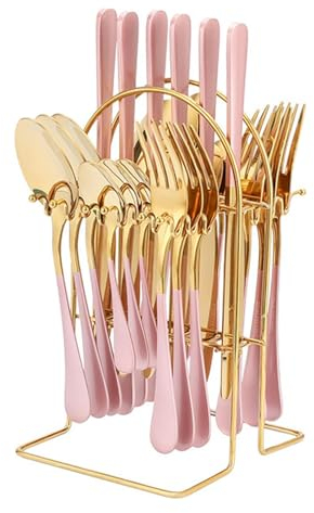 24-Piece Pink Gold Stainless Steel Cutlery Set with Holder and Mirror Finish. Hanging Flatware Set for 6, Includes Knife, Fork, Spoon