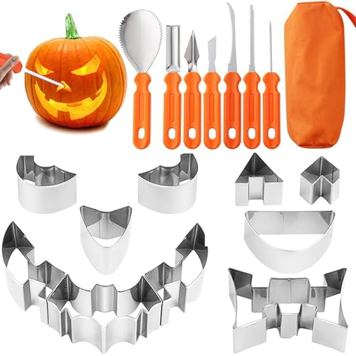 XFLYP 18 Piezas Kit de Tallado de Calabazas de Halloween, 7 Juegos de Tallado de Calabazas con 10 Moldes de Tallado de Calabazas y 1 Bolsa de Almacenamiento, Herramientas de Fabricación de Calabazas