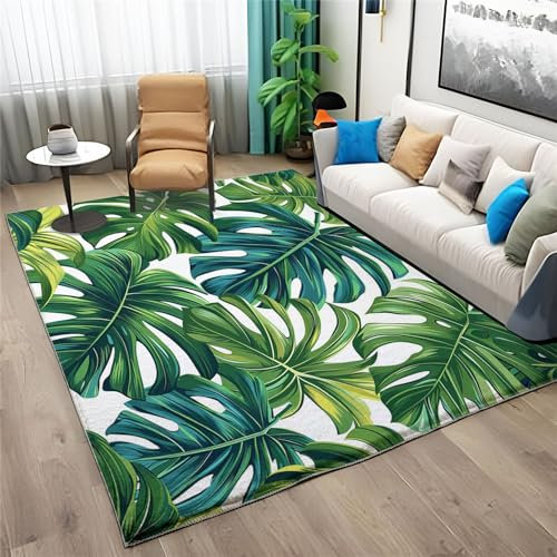 Teppich Wohnzimmer Schlafzimmer 60 X 90 cm Waschbar Kurzflor Anti-Rutsch TPR Unterseite Langlebig Robuster Polyester Teppich Rechteckig Pflegeleicht, Grüner Monstera Blatt Druck - Weiß